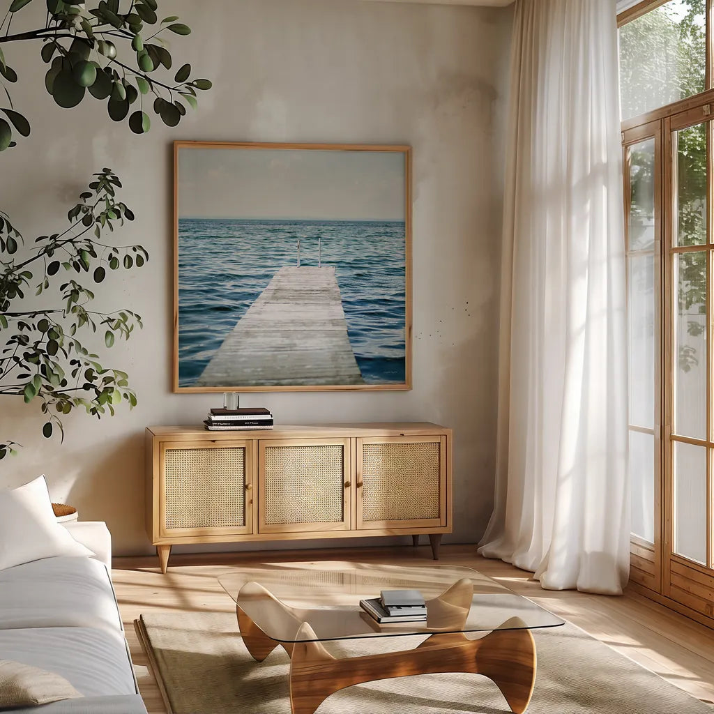 Calm Days I Crop by Elizabeth Urquhart. Shown in a natural wood frame in a cozy modern living room. Available as an archival giclee rolled canvas, fine art paper, or poster print. SKU 23795a.