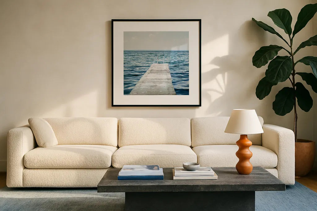 Calm Days I Crop by Elizabeth Urquhart. Displayed in a glass frame with matte in a clean modern living room. Available as an archival giclee rolled canvas, fine art paper, or poster print. SKU 23795a.