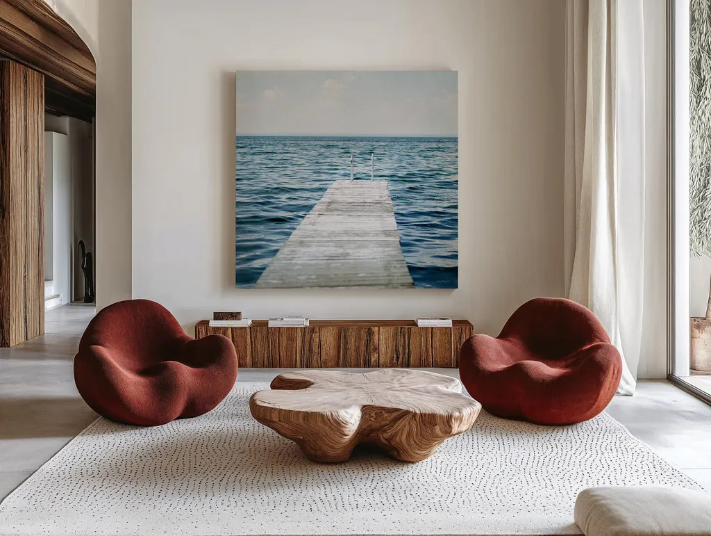 Calm Days I Crop by Elizabeth Urquhart. Shown as extra-large giant wall art in a modern living room. Available as an archival giclee rolled canvas, fine art paper, or poster print. SKU 23795a.