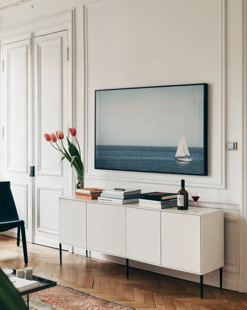 Calm Days II by Elizabeth Urquhart. shown as a framed stretched canvas in a living room above a console. Available as a archival giclee rolled canvas, fine art paper, or poster print. SKU 23796i.