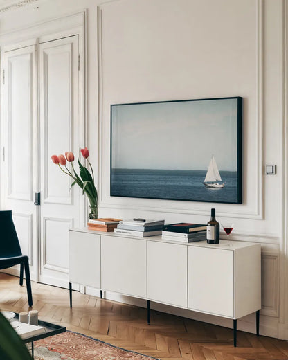Calm Days II by Elizabeth Urquhart. shown as a framed stretched canvas in a living room above a console. Available as a archival giclee rolled canvas, fine art paper, or poster print. SKU 23796i.