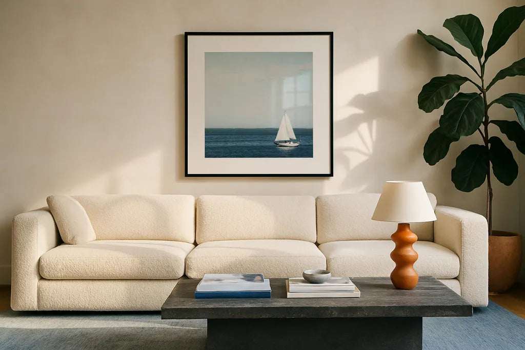 Calm Days II Crop by Elizabeth Urquhart. Displayed in a glass frame with matte in a clean modern living room. Available as an archival giclee rolled canvas, fine art paper, or poster print. SKU 23796a.