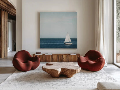 Calm Days II Crop by Elizabeth Urquhart. Shown as extra-large giant wall art in a modern living room. Available as an archival giclee rolled canvas, fine art paper, or poster print. SKU 23796a.