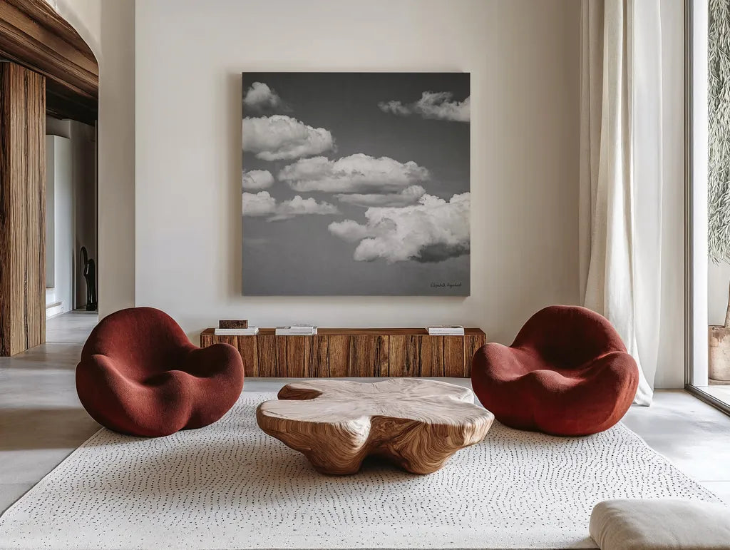 Calm Days III BW Crop by Elizabeth Urquhart. Shown as extra-large giant wall art in a modern living room. Available as an archival giclee rolled canvas, fine art paper, or poster print. SKU 27841a.