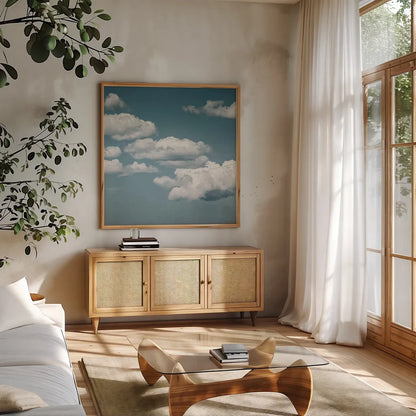 Calm Days III Crop by Elizabeth Urquhart. Shown in a natural wood frame in a cozy modern living room. Available as an archival giclee rolled canvas, fine art paper, or poster print. SKU 23797a.
