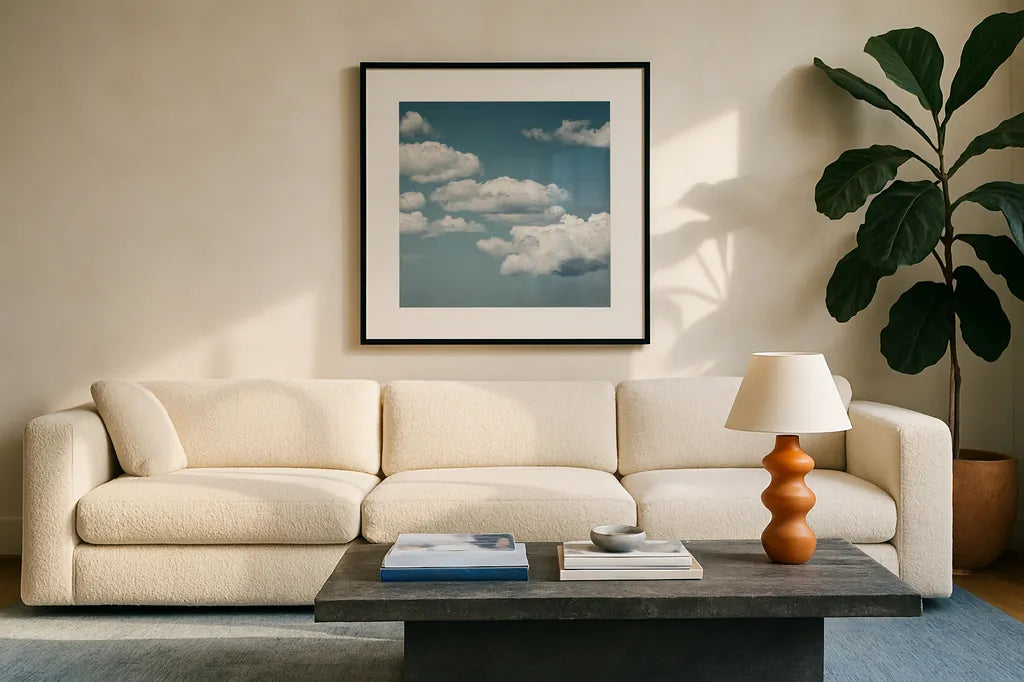 Calm Days III Crop by Elizabeth Urquhart. Displayed in a glass frame with matte in a clean modern living room. Available as an archival giclee rolled canvas, fine art paper, or poster print. SKU 23797a.