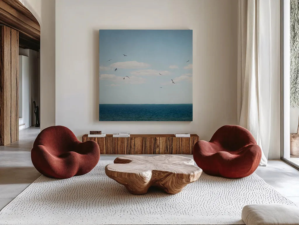 Calm Days IV Crop by Elizabeth Urquhart. Shown as extra-large giant wall art in a modern living room. Available as an archival giclee rolled canvas, fine art paper, or poster print. SKU 23798a.