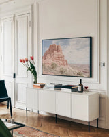 Day Hike I by Elizabeth Urquhart. shown as a framed stretched canvas in a living room above a console. Available as a archival giclee rolled canvas, fine art paper, or poster print. SKU 67337i.