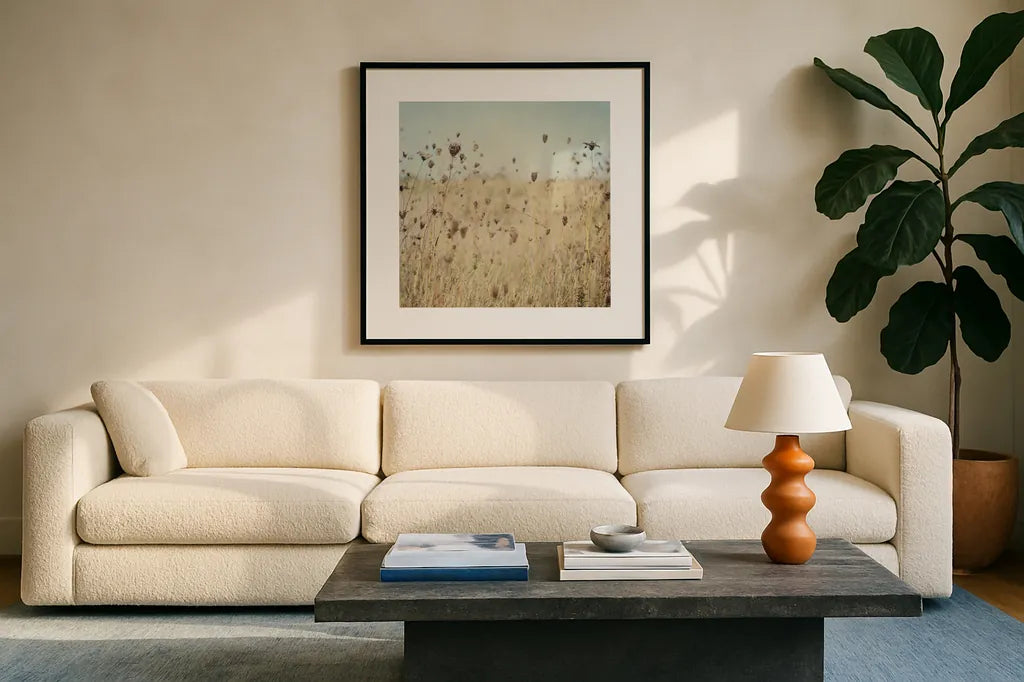 Falling Queen Annes Lace II Crop by Elizabeth Urquhart. Displayed in a glass frame with matte in a clean modern living room. Available as an archival giclee rolled canvas, fine art paper, or poster print. SKU 30338a.