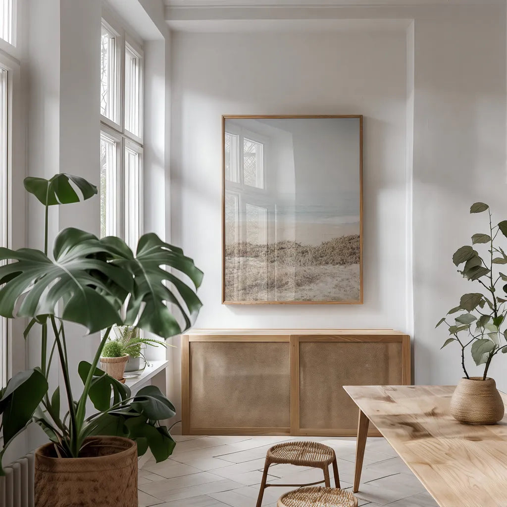 February Morning II by Elizabeth Urquhart. shown as a print in a natural wood frame in a dining room. Available as a archival giclee rolled canvas, fine art paper, or poster print. SKU 70368h.