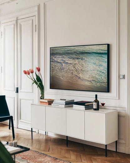 First Light III by Elizabeth Urquhart. shown as a framed stretched canvas in a living room above a console. Available as a archival giclee rolled canvas, fine art paper, or poster print. SKU 25508i.