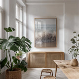 High Tide IV by Elizabeth Urquhart. shown as a print in a natural wood frame in a dining room. Available as a archival giclee rolled canvas, fine art paper, or poster print. SKU 70252h.