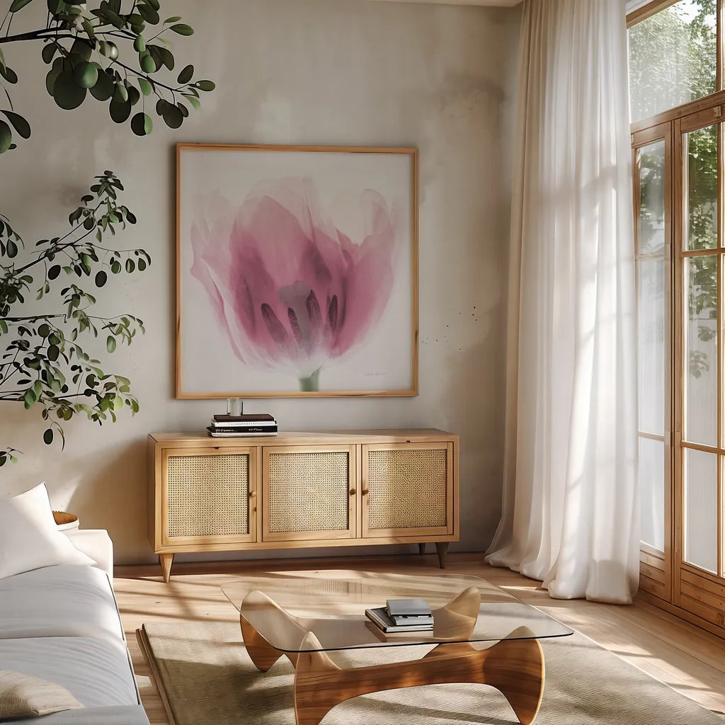 Inside Out I Pink Crop by Elizabeth Urquhart. Shown in a natural wood frame in a cozy modern living room. Available as an archival giclee rolled canvas, fine art paper, or poster print. SKU 36458a.