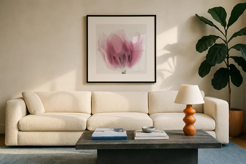 Inside Out I Pink Crop by Elizabeth Urquhart. Displayed in a glass frame with matte in a clean modern living room. Available as an archival giclee rolled canvas, fine art paper, or poster print. SKU 36458a.