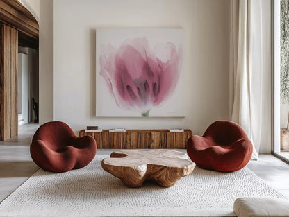 Inside Out I Pink Crop by Elizabeth Urquhart. Shown as extra-large giant wall art in a modern living room. Available as an archival giclee rolled canvas, fine art paper, or poster print. SKU 36458a.