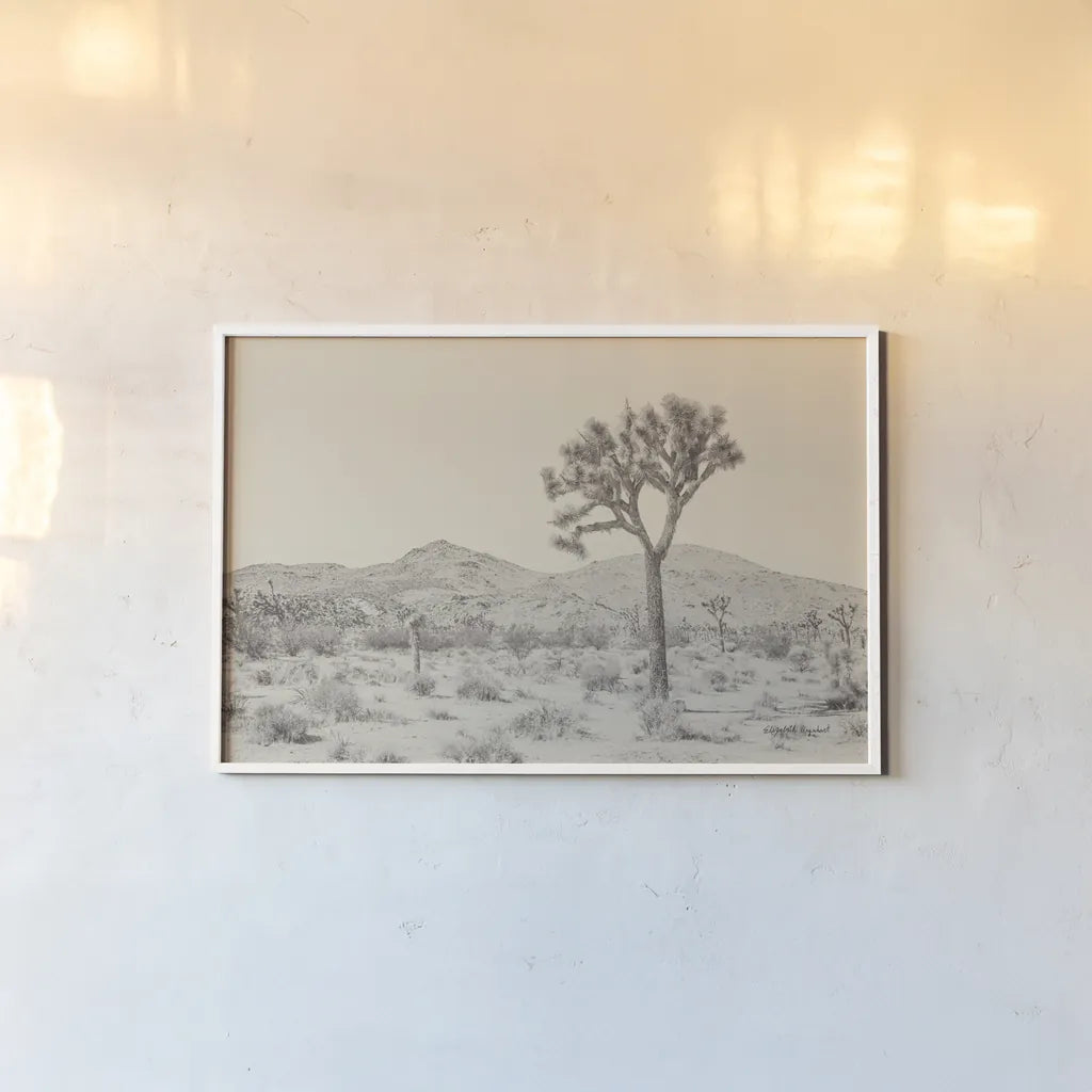 Joshua Tree I Neutral by Elizabeth Urquhart. shown as a paper print in a white frame. Available as a archival giclee rolled canvas, fine art paper, or poster print. SKU 68488i.