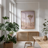 Joshua Tree III Blush by Elizabeth Urquhart. shown as a print in a natural wood frame in a dining room. Available as a archival giclee rolled canvas, fine art paper, or poster print. SKU 68493h.