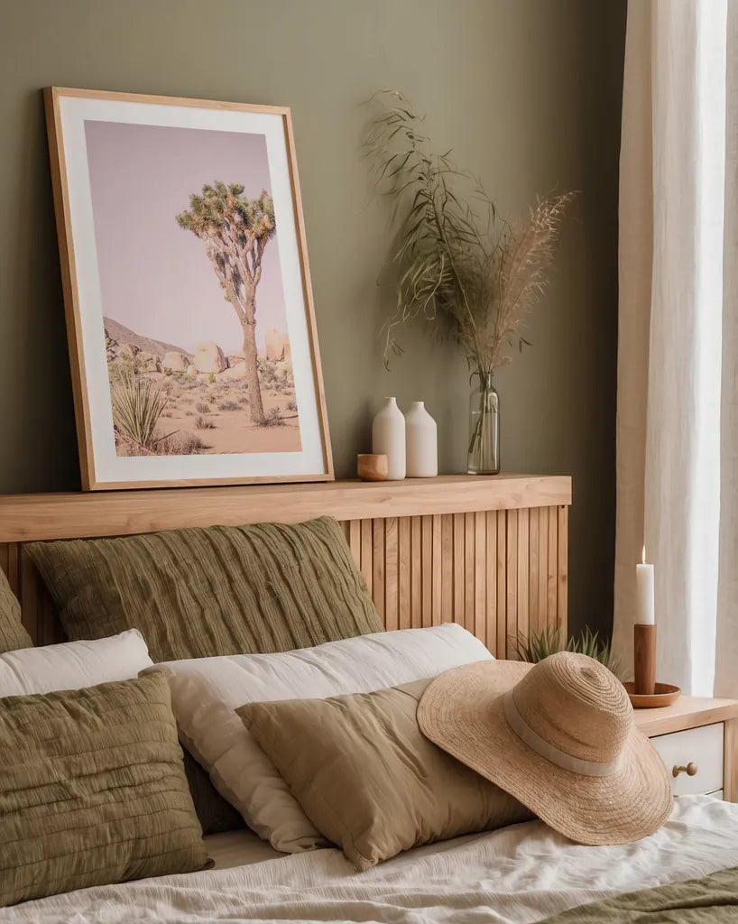 Joshua Tree III Blush by Elizabeth Urquhart. shown as a paper print in a natural frame. Available as a archival giclee rolled canvas, fine art paper, or poster print. SKU 68493h.