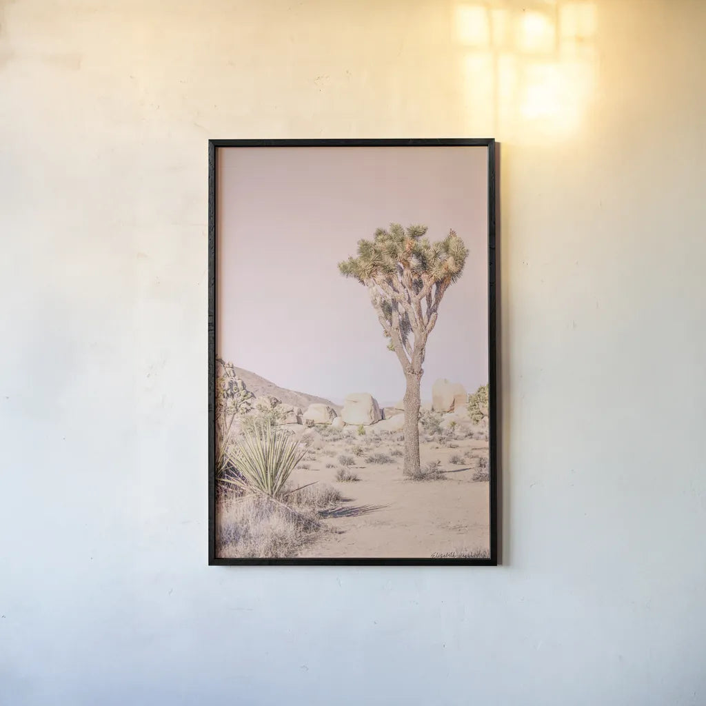 Joshua Tree III Blush by Elizabeth Urquhart. shown as a paper print in a black flame. Available as a archival giclee rolled canvas, fine art paper, or poster print. SKU 68493h.