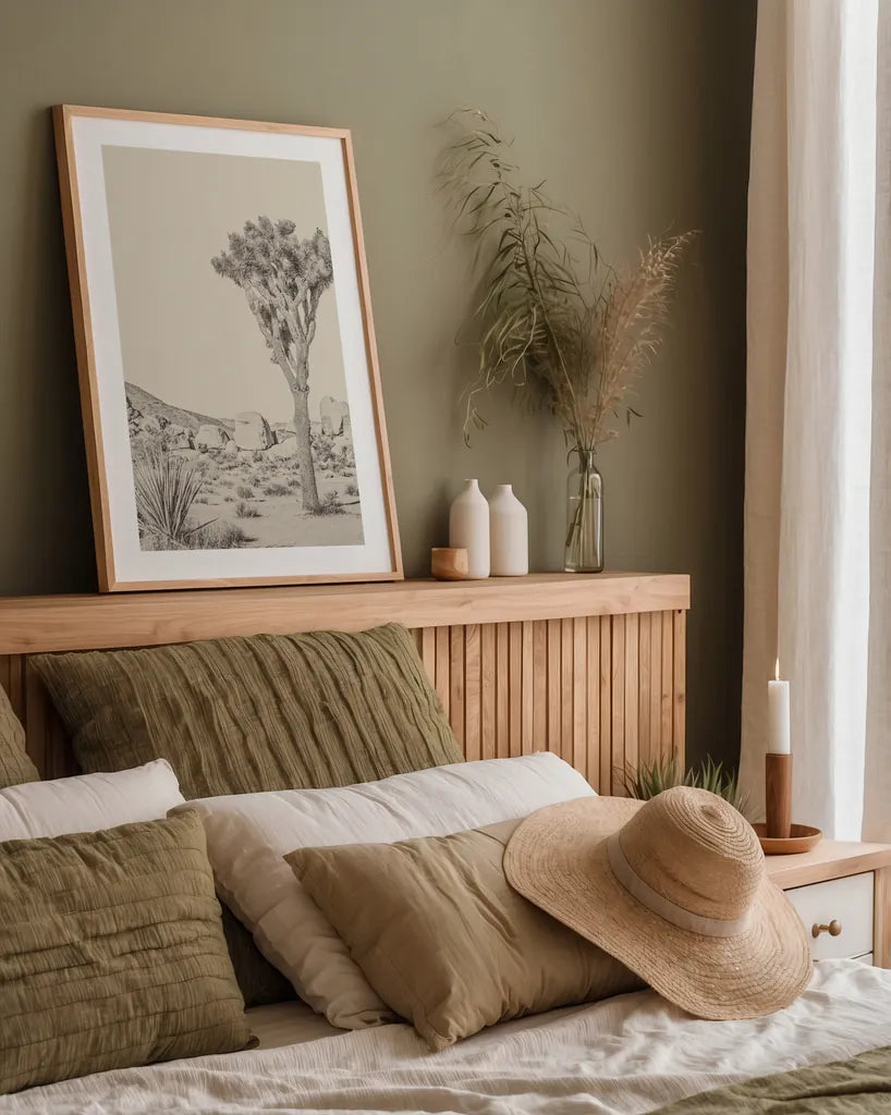 Joshua Tree III Neutral by Elizabeth Urquhart. shown as a paper print in a natural frame. Available as a archival giclee rolled canvas, fine art paper, or poster print. SKU 68490h.