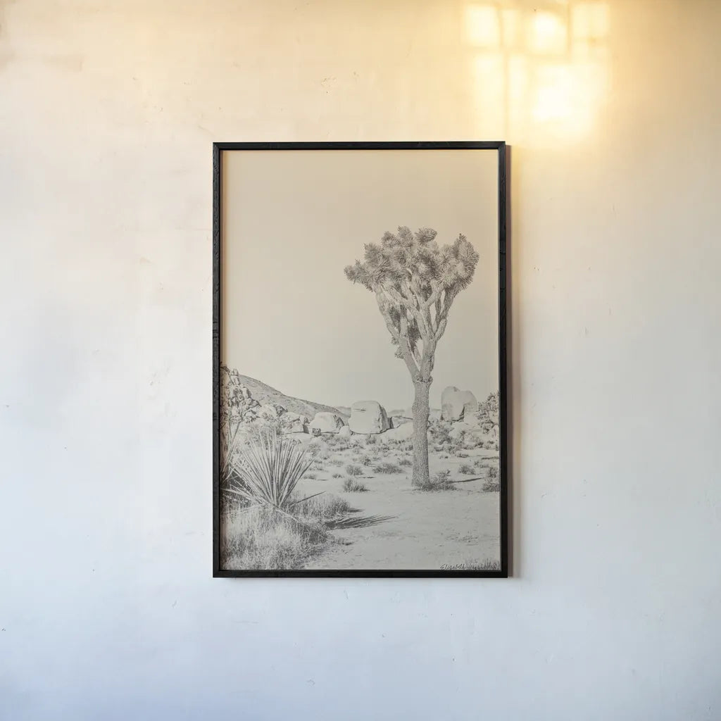 Joshua Tree III Neutral by Elizabeth Urquhart. shown as a paper print in a black flame. Available as a archival giclee rolled canvas, fine art paper, or poster print. SKU 68490h.