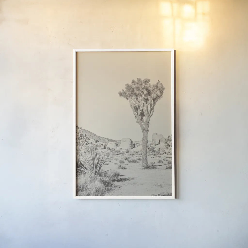 Joshua Tree III Neutral by Elizabeth Urquhart. shown as a paper print in a white frame. Available as a archival giclee rolled canvas, fine art paper, or poster print. SKU 68490h.
