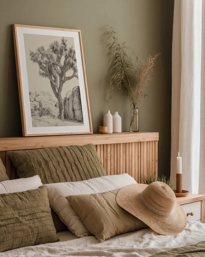 Joshua Tree IV Neutral by Elizabeth Urquhart. shown as a paper print in a natural frame. Available as a archival giclee rolled canvas, fine art paper, or poster print. SKU 68491h.