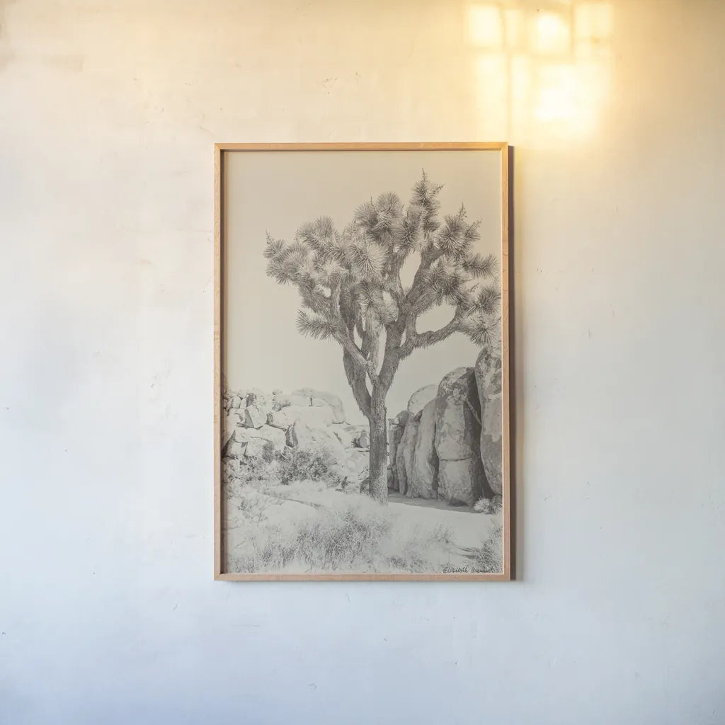 Joshua Tree IV Neutral by Elizabeth Urquhart. shown as a paper print in a natural frame. Available as a archival giclee rolled canvas, fine art paper, or poster print. SKU 68491h.