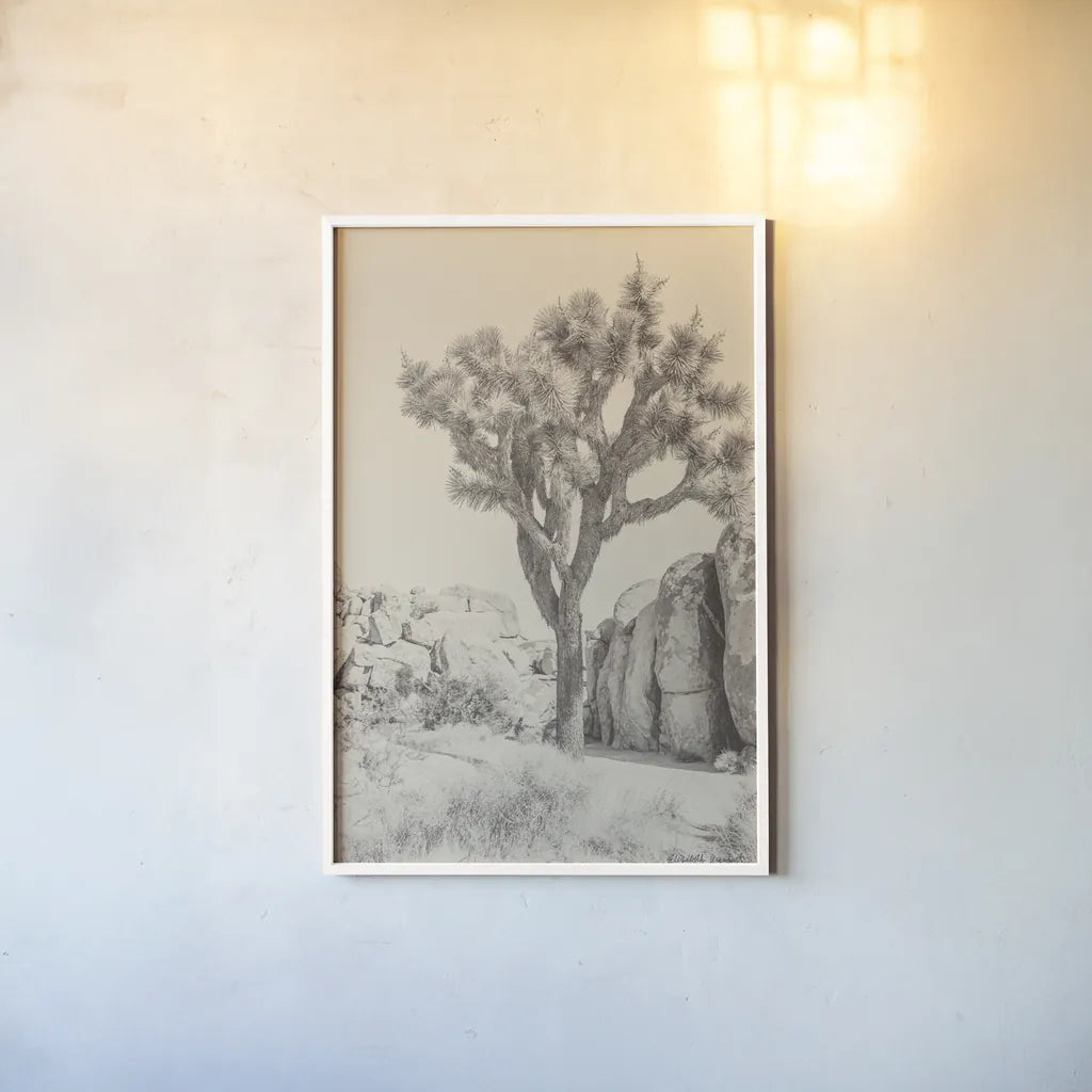 Joshua Tree IV Neutral by Elizabeth Urquhart. shown as a paper print in a white frame. Available as a archival giclee rolled canvas, fine art paper, or poster print. SKU 68491h.
