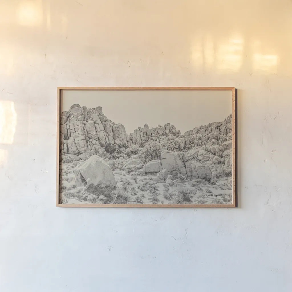 Joshua Tree V Neutral by Elizabeth Urquhart. shown as a paper print in a natural frame. Available as a archival giclee rolled canvas, fine art paper, or poster print. SKU 68492i.