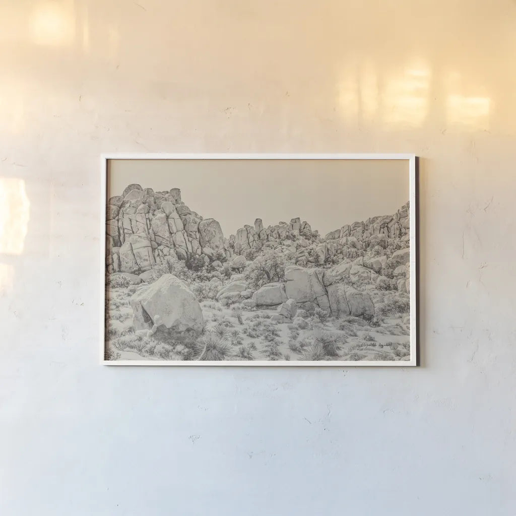 Joshua Tree V Neutral by Elizabeth Urquhart. shown as a paper print in a white frame. Available as a archival giclee rolled canvas, fine art paper, or poster print. SKU 68492i.