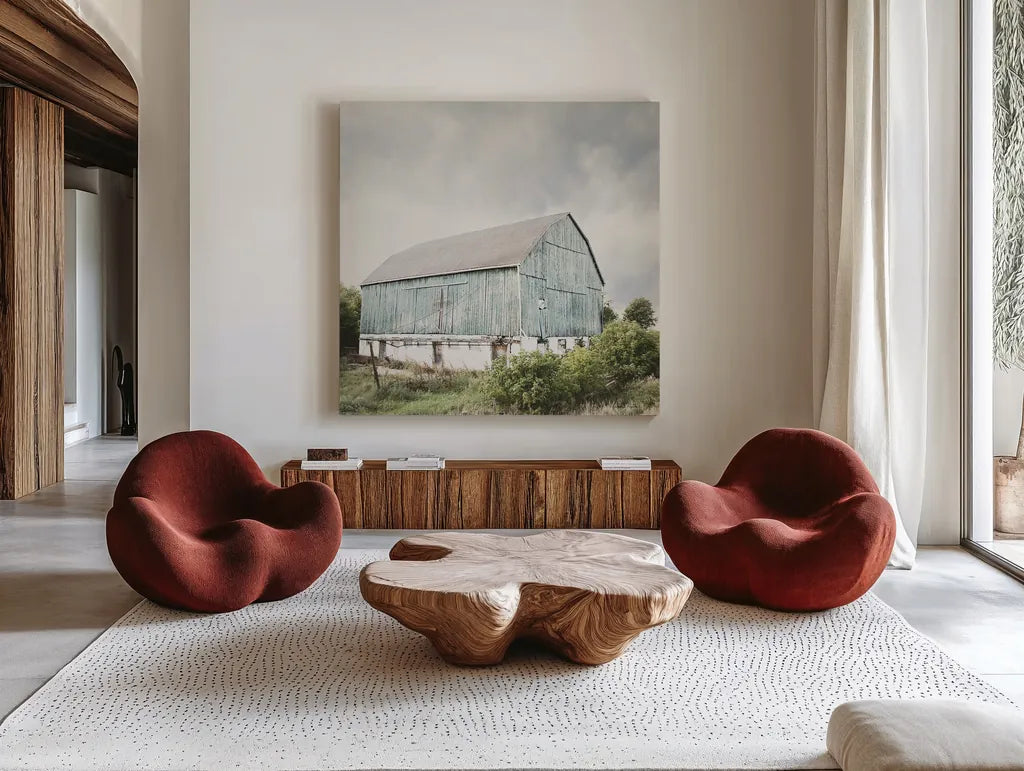 Late Summer Barn I Crop by Elizabeth Urquhart. Shown as extra-large giant wall art in a modern living room. Available as an archival giclee rolled canvas, fine art paper, or poster print. SKU 30333a.
