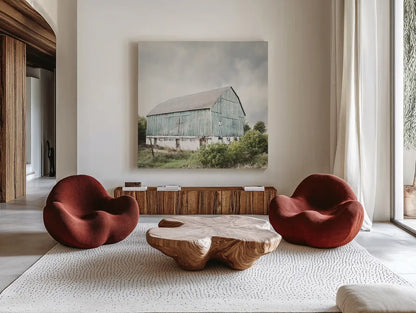 Late Summer Barn I Crop by Elizabeth Urquhart. Shown as extra-large giant wall art in a modern living room. Available as an archival giclee rolled canvas, fine art paper, or poster print. SKU 30333a.