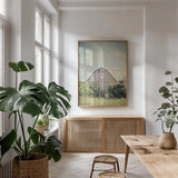 Late Summer Barn II by Elizabeth Urquhart. shown as a print in a natural wood frame in a dining room. Available as a archival giclee rolled canvas, fine art paper, or poster print. SKU 30334h.