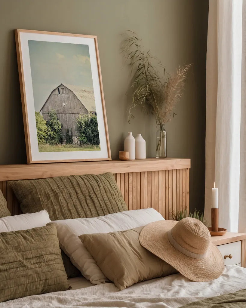 Late Summer Barn II by Elizabeth Urquhart. shown as a paper print in a natural frame. Available as a archival giclee rolled canvas, fine art paper, or poster print. SKU 30334h.