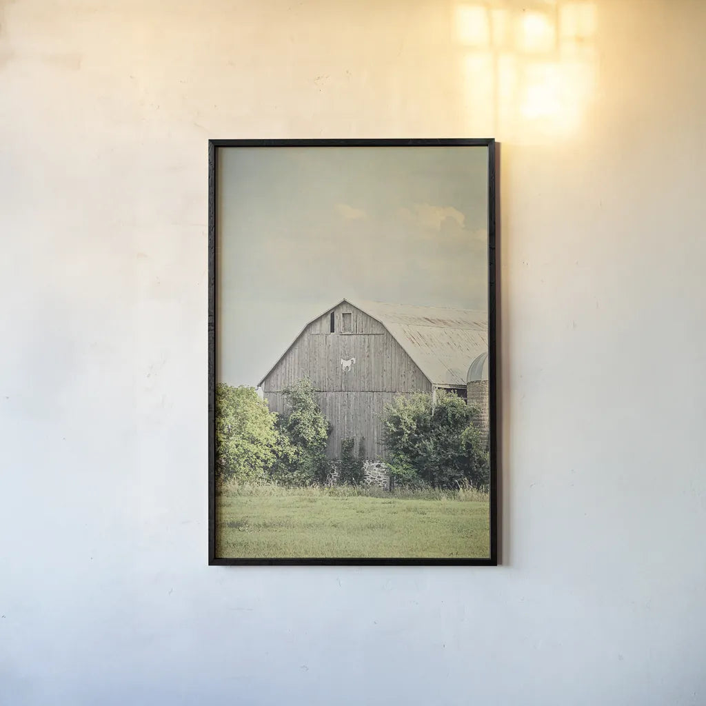 Late Summer Barn II by Elizabeth Urquhart. shown as a paper print in a black flame. Available as a archival giclee rolled canvas, fine art paper, or poster print. SKU 30334h.