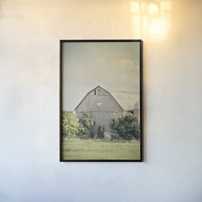 Late Summer Barn II by Elizabeth Urquhart. shown as a paper print in a black flame. Available as a archival giclee rolled canvas, fine art paper, or poster print. SKU 30334h.