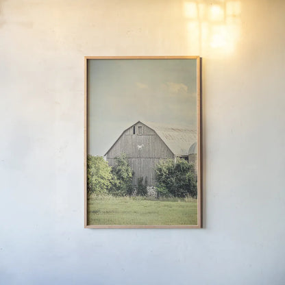 Late Summer Barn II by Elizabeth Urquhart. shown as a paper print in a natural frame. Available as a archival giclee rolled canvas, fine art paper, or poster print. SKU 30334h.