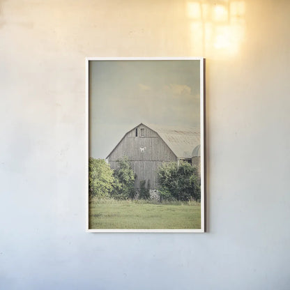 Late Summer Barn II by Elizabeth Urquhart. shown as a paper print in a white frame. Available as a archival giclee rolled canvas, fine art paper, or poster print. SKU 30334h.