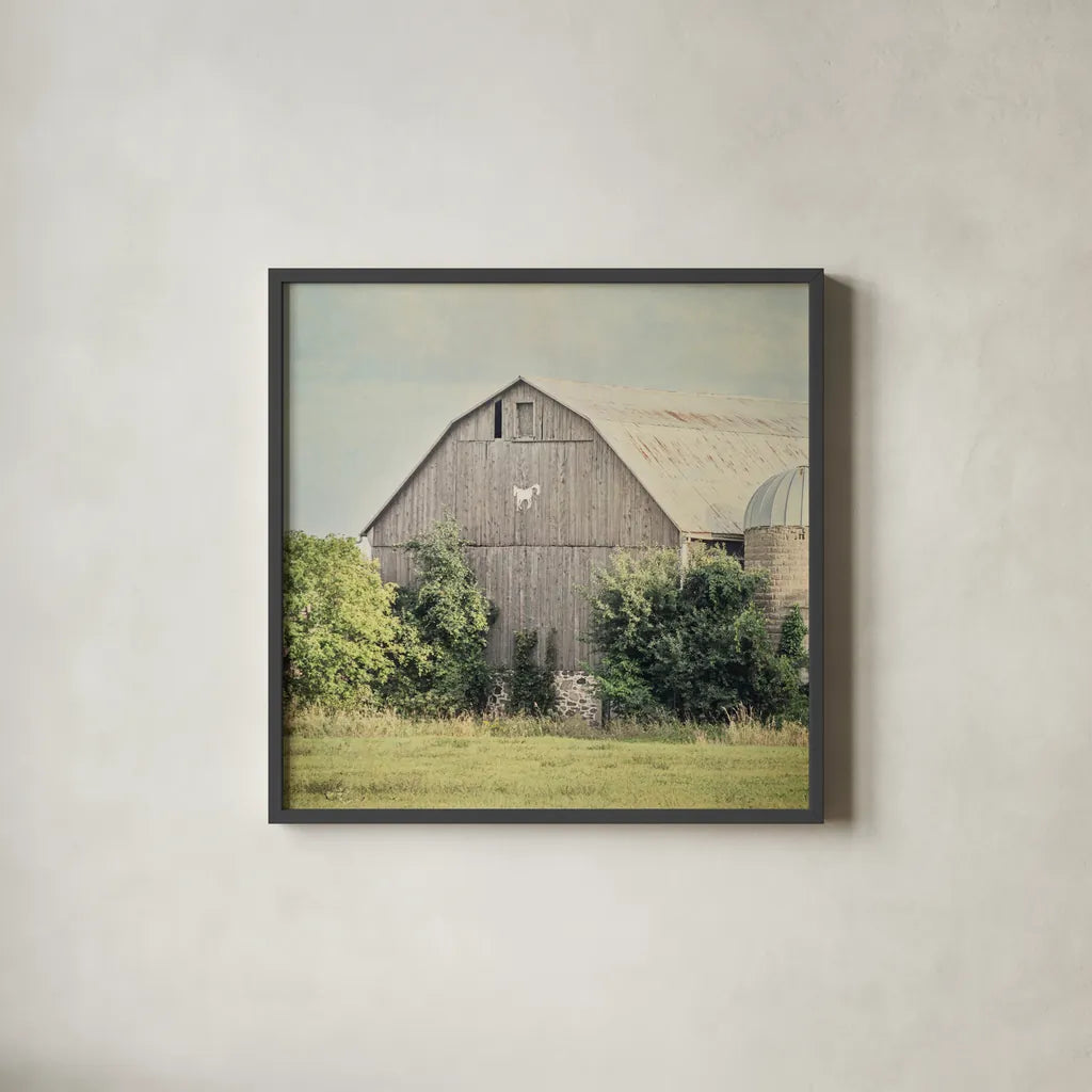 Late Summer Barn II Crop by Elizabeth Urquhart. Shown in a sleek black glass frame for a contemporary gallery look. Available as an archival giclee rolled canvas, fine art paper, or poster print. SKU 30334a.