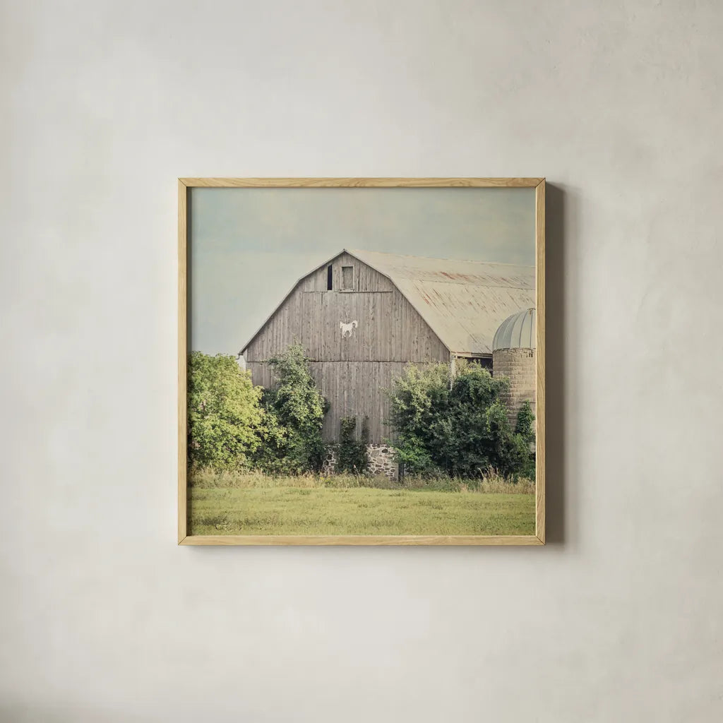 Late Summer Barn II Crop by Elizabeth Urquhart. Shown in a natural wood glass frame for a timeless modern aesthetic. Available as an archival giclee rolled canvas, fine art paper, or poster print. SKU 30334a.