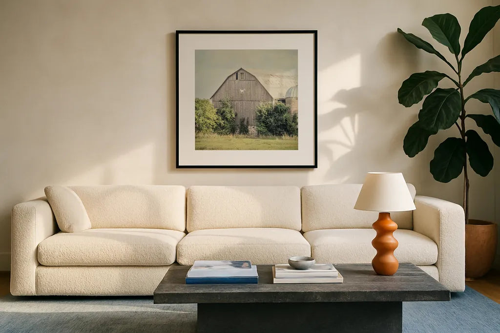 Late Summer Barn II Crop by Elizabeth Urquhart. Displayed in a glass frame with matte in a clean modern living room. Available as an archival giclee rolled canvas, fine art paper, or poster print. SKU 30334a.
