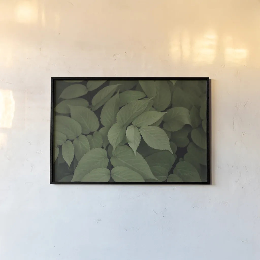 Leafy I by Elizabeth Urquhart. shown as a paper print in a black flame. Available as a archival giclee rolled canvas, fine art paper, or poster print. SKU 50718i.