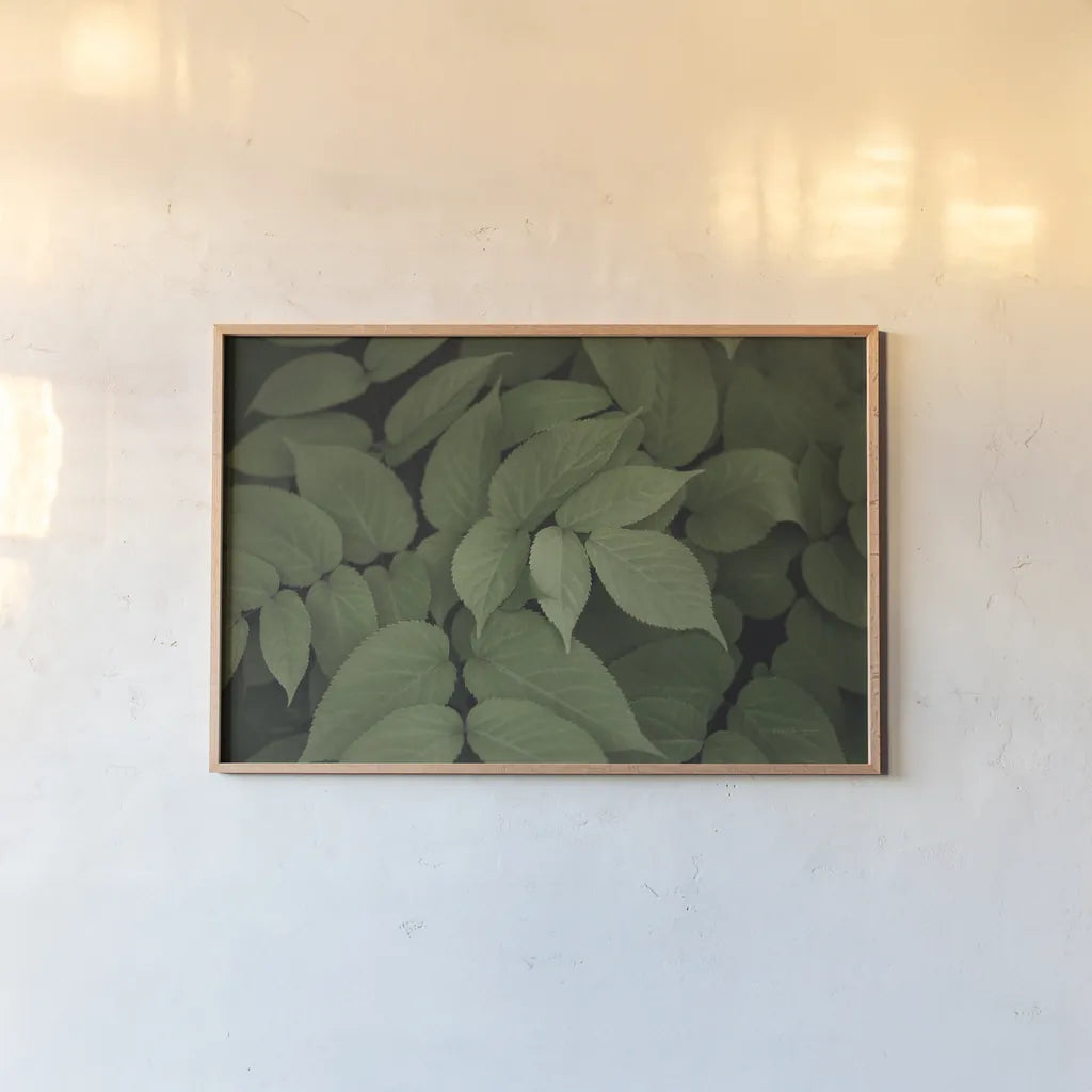 Leafy I by Elizabeth Urquhart. shown as a paper print in a natural frame. Available as a archival giclee rolled canvas, fine art paper, or poster print. SKU 50718i.