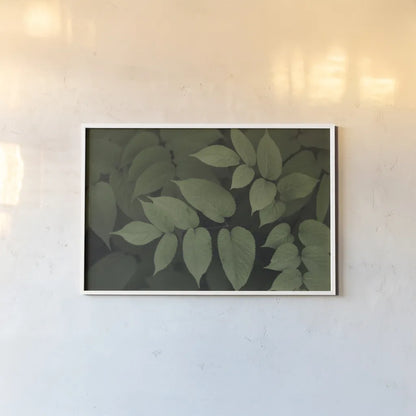Leafy II by Elizabeth Urquhart. shown as a paper print in a white frame. Available as a archival giclee rolled canvas, fine art paper, or poster print. SKU 50719i.