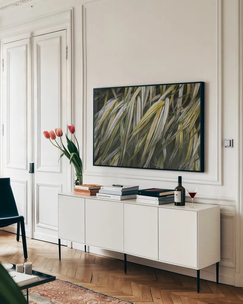 Leafy III by Elizabeth Urquhart. shown as a framed stretched canvas in a living room above a console. Available as a archival giclee rolled canvas, fine art paper, or poster print. SKU 50720i.