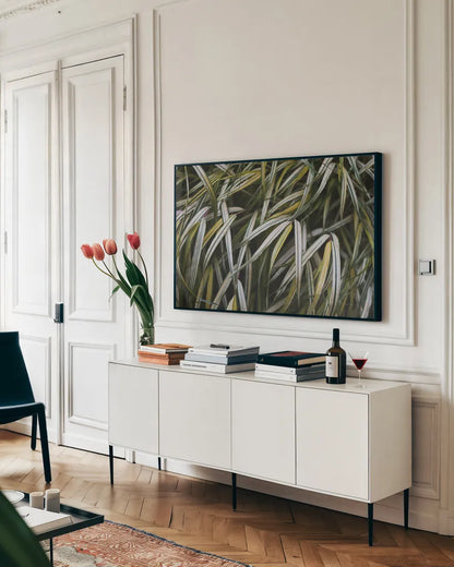 Leafy IV by Elizabeth Urquhart. shown as a framed stretched canvas in a living room above a console. Available as a archival giclee rolled canvas, fine art paper, or poster print. SKU 50721i.