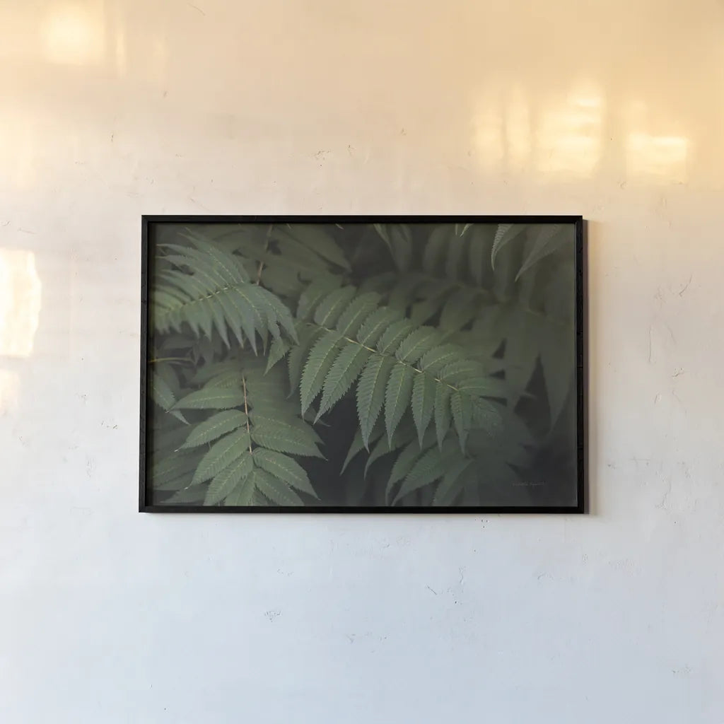 Leafy V by Elizabeth Urquhart. shown as a paper print in a black flame. Available as a archival giclee rolled canvas, fine art paper, or poster print. SKU 50722i.