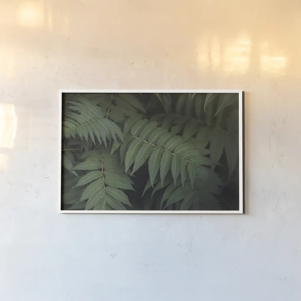 Leafy V by Elizabeth Urquhart. shown as a paper print in a white frame. Available as a archival giclee rolled canvas, fine art paper, or poster print. SKU 50722i.