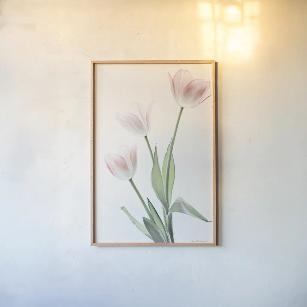 Light and Bright Floral I by Elizabeth Urquhart. shown as a paper print in a natural frame. Available as a archival giclee rolled canvas, fine art paper, or poster print. SKU 33338h.